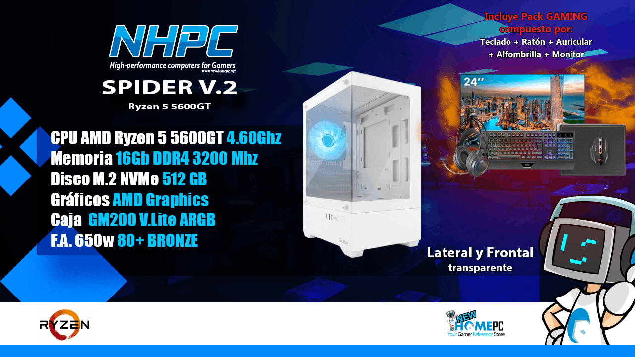 Combo! Pc Gaming NHPC Spider V.2 - Ryzen 5 5600GT - 16Gb - M2 512GB